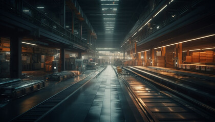 Futuristic subway station, blurred motion, illuminated metal generated by AI