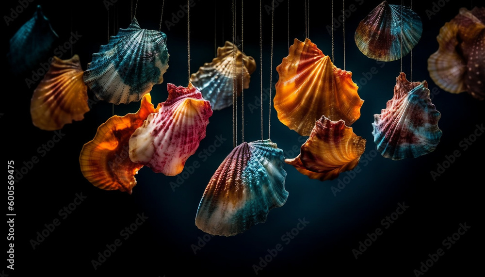 Poster underwater collection of multi colored seashells and fish generated by ai