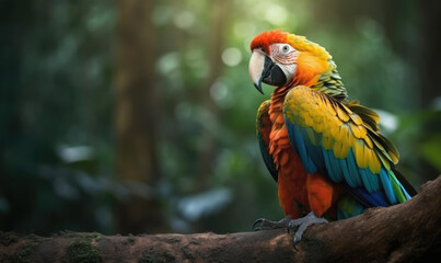 Obraz premium Beautiful Ara parrot on tropical forest background, generative AI