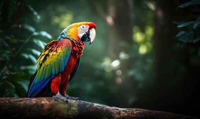 Obraz premium Beautiful Ara parrot on tropical forest background, generative AI
