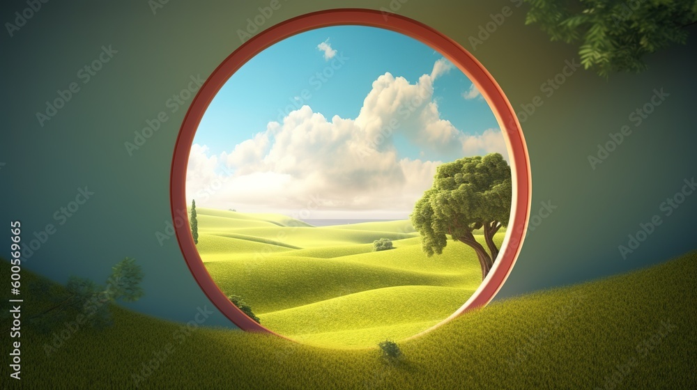 Poster a depiction of a tree standing in the center of a field of green grass generative ai