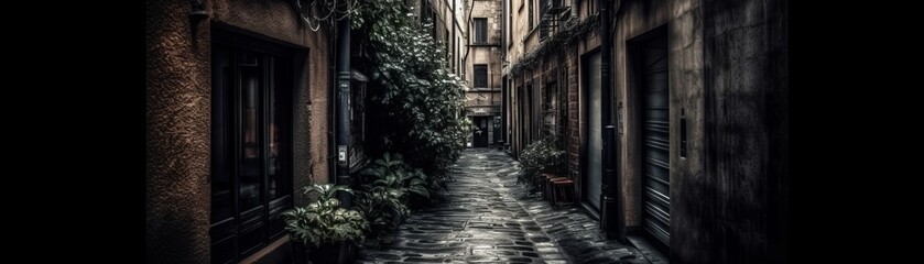 Fototapeta na wymiar A quiet alleyway with a hint of mystery. Horizontal banner. AI generated
