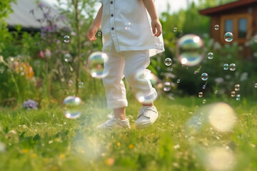 A close - up of big bubbles, blurred background of a child's legs wearing white clothes and running around on the lawn. AI generative