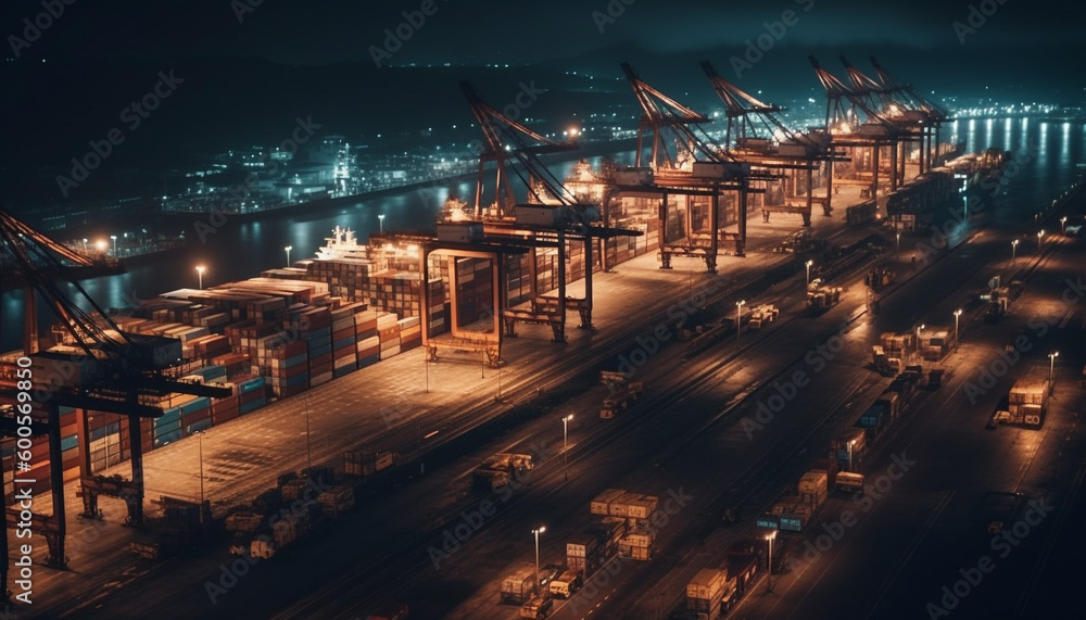 Wall mural container ship delivering cargo at dusk, illuminated quayside generated by ai