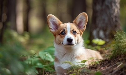 Naklejka na ściany i meble Cute puppy Pembroke Welsh Corgi with one ear standing up outdoor in summer park, generative AI