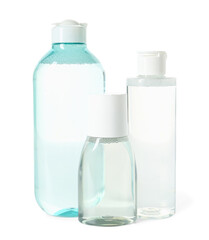 Bottles of micellar water on white background