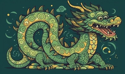 Green dragon on dark background, generative AI