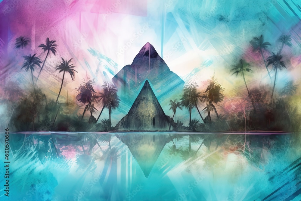 Poster a picture of a mountain covered with palm trees as an example generative ai