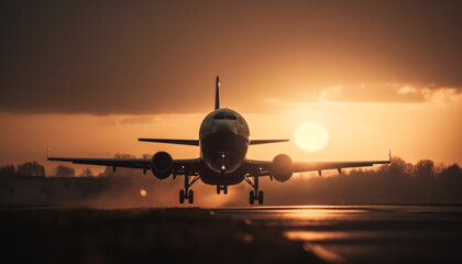 Fototapeta na wymiar Sunset silhouette of commercial airplane taking off generated by AI