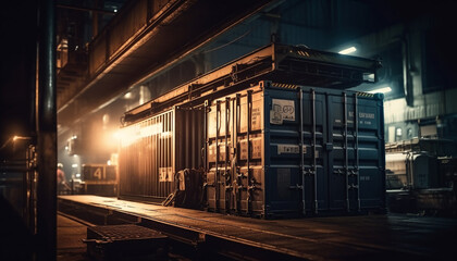 Dark factory machinery illuminated by lighting equipment generated by AI