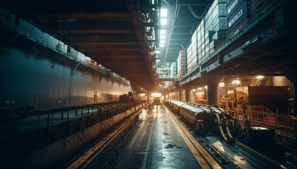 Blurred motion of steel machinery in factory generated by AI