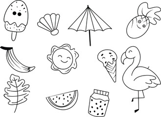 Summer doodle illustration element icon set