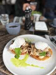 potato pancakes with mushrooms and poached egg