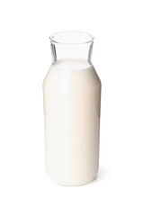 Glass bottle of milk on white background