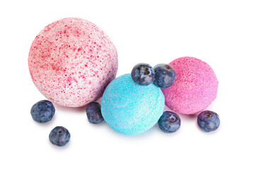 Bath bombs with blueberry on white background