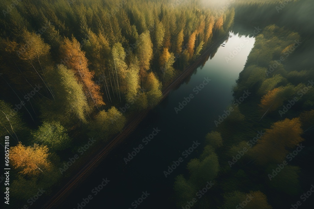 Poster an overhead perspective of a river in the middle of a forest generative ai