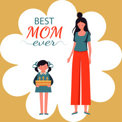 Cartoon girl holding a cake with candles, happy birthday to mom, best mother ever, happy mother's day, illustration stylized in flat style, vector graphic.