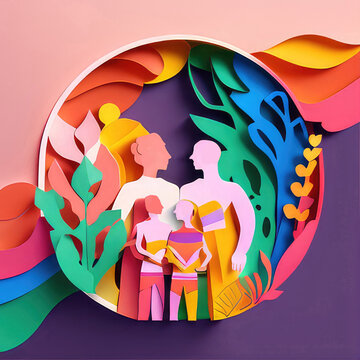 Papercut LGBT Family Parents Rainbow Acceptance Diversity Illustration. Non Binary Colorful Banner. Generative AI.