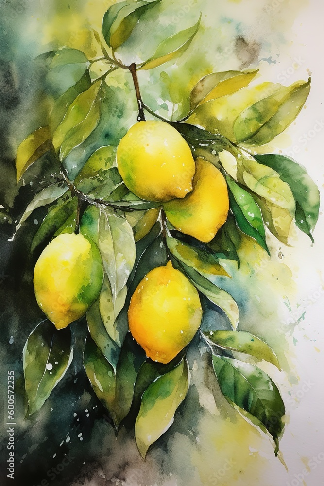 Poster an example of lemons hanging from the branches of a tree generative ai