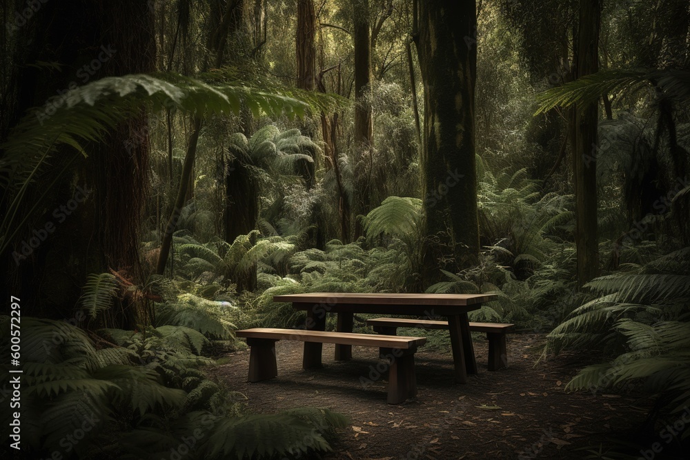Poster a picnic table set up smack dab in the midst of the woods generative ai