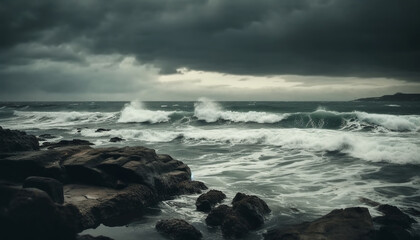 Fototapeta premium Breaking waves crash against rocky coastline, dramatic beauty generated by AI