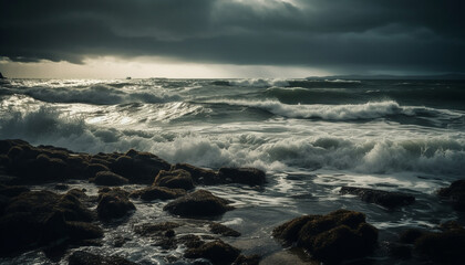 Obraz premium Dramatic sky over dark seascape, breaking waves generated by AI