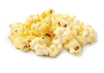 Heap of crispy popcorn on white background