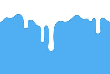 Milk drip seamless pattern. White liquid, melt yogurt flow or cream wave border on blue background. Vector milky splash package design