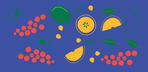 Appetizing fruit and berries collection. Decorative abstract horizontal banner with colorful doodles. Hand-drawn modern illustrations with fruit and berries, abstract elements. Abstract series