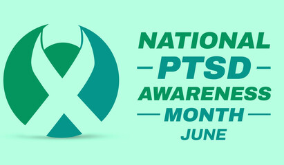 June is National PTSD Awareness Month with a green ribbon and typography on the side