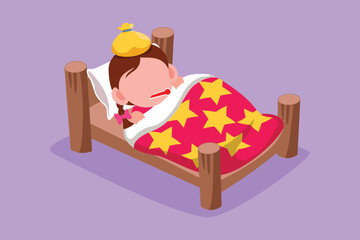 Character flat drawing sick little girl with high fever. Child is sick with flu or coronavirus. Pretty kids lying in bed feel so bad with fever. Healthcare symbol. Cartoon design vector illustration