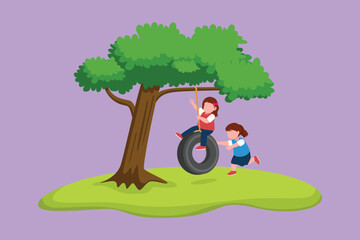Graphic flat design drawing happy two little girls playing tire swing under tree. Pretty kids swinging on tire hanging from tree. Adorable children playing in garden. Cartoon style vector illustration