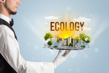 Waiter serving eco cityscape concept