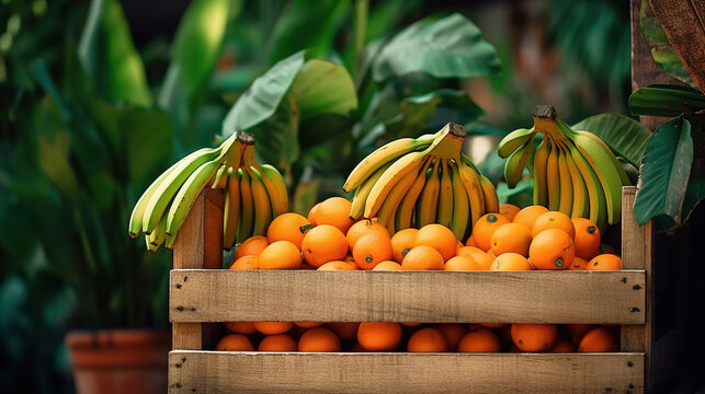 Many fresh bananas and tangerines in wooden boxes. Farmers market. Organic tasty juicy food full of vitamins and antioxidants. Summer composition with green trees. copy space Generative AI.