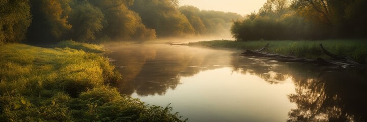 A serene river winding through a peaceful landscape. Horizontal banner. AI generated