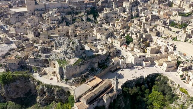 Panoramic view of the ancient town of Matera (Sassi di Matera) in a beautiful autumn day, Basilicata, southern Italy. Stunning view of the village of Matera. Matera is a city on a rocky outcrop.