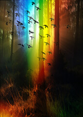 surrealism art with a bird in the foggy rainbow forrest - obrazy, fototapety, plakaty