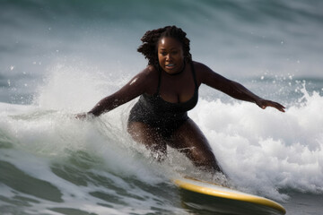 Black fat woman surfing on surfboard and catching waves in ocean, plus size model professional surfer, summer outdoor activities, vacations and healthy lifestyle, AI Generated