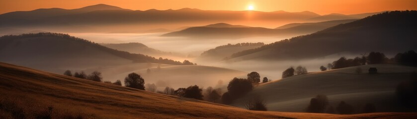 Obraz premium A spectacular sunrise over rolling hills and distant. Horizontal banner. AI generated