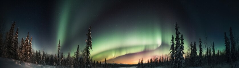 A starry moonlit sky with an aurora borealis above. Horizontal banner. AI generated