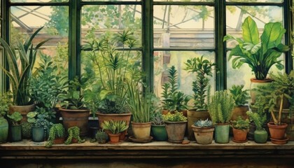 Watercolour illustration of a green hause pot plants arrangement on a wooden rustic vintage window. Greeting card or envelope artwork print project no 12.