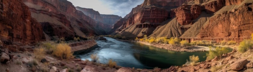 Fototapeta na wymiar A stunning canyon with rugged cliffs and a river. Horizontal banner. AI generated