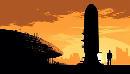 Fototapeta na wymiar Silhouette of a man against the background of a space drone with a large space rocket on the evening horizon. Created by AI.