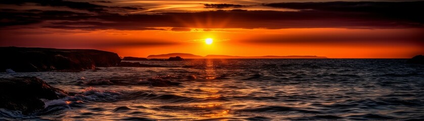 Fototapeta na wymiar A stunning sunset over a calm ocean. Horizontal banner. AI generated