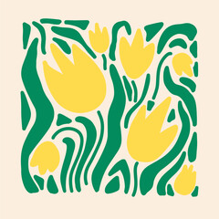 Aesthetics of Matisse's curves. Groovy abstract postcards with patterns. Flower drawings, botanical art. Fashionable organic style of naive retro hippies of the 60-70's. Mother's Day vector background