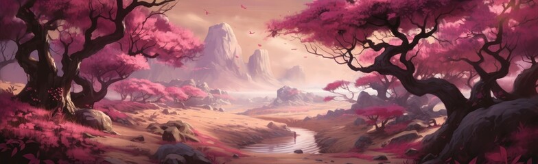 A surreal dream-like landscape with twisting trees. Horizontal banner. AI generated