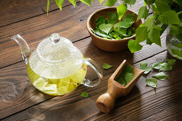 Glass teapot with birch leaf tea. Tea Herbal tea kettle and bowl of leaves of Birch tree. Alternative herbal medicine.