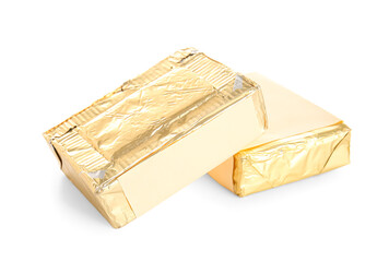 Processed cheese in foil isolated on white background