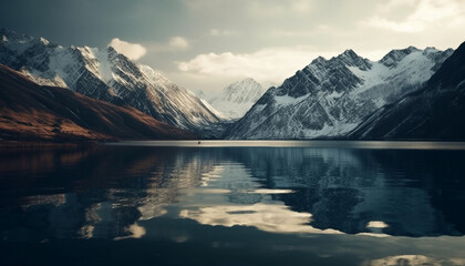 Fototapeta na wymiar Snowcapped mountain peak reflects in tranquil water generated by AI