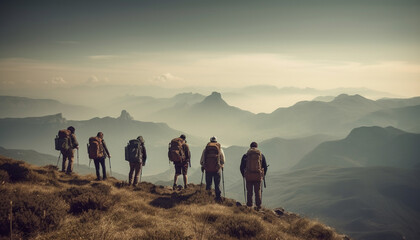 Group of hikers conquer mountain peak at sunset generated by AI - obrazy, fototapety, plakaty